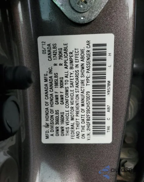 2012 Honda Civic Lx from USA, damaged, VIN 2HGFB2F59CH570079